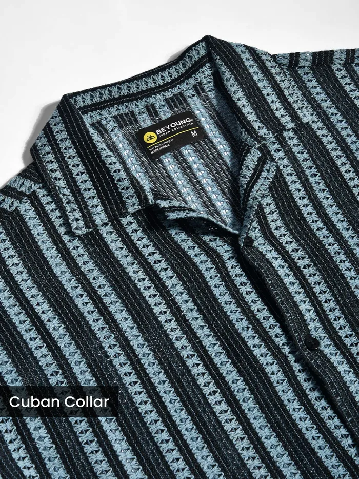 Blue Stripe Crochet Half-Sleeves Shirt