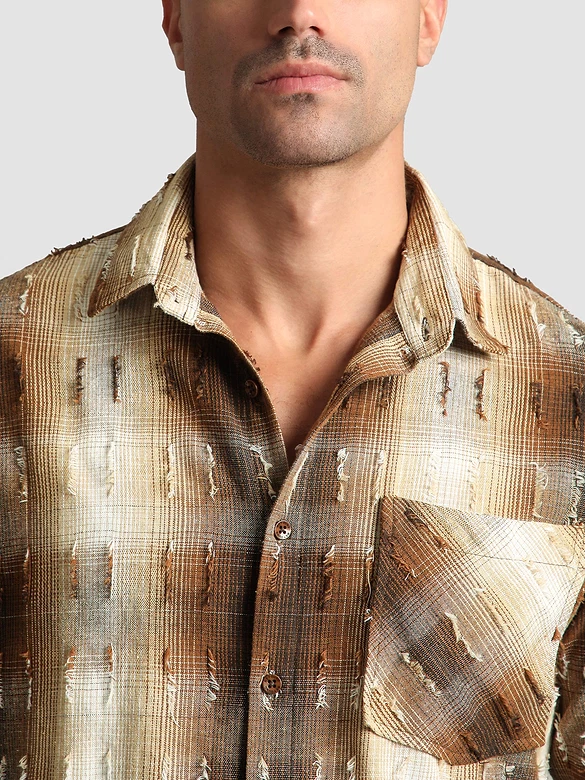 Brown Frayed Check Shirt