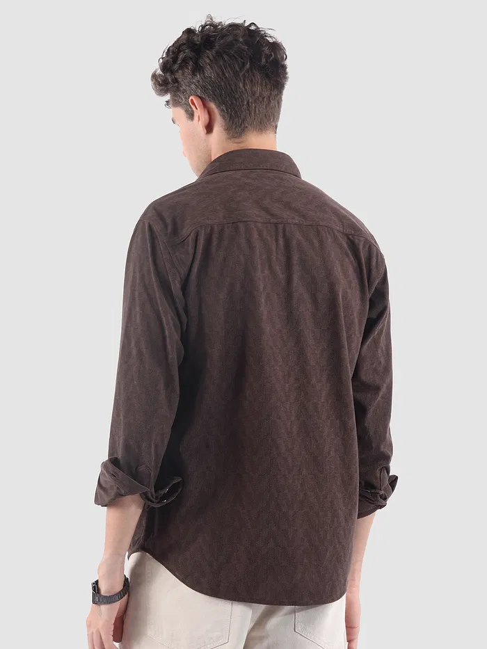 Brown Lazer Cut Stripe Textured Corduroy Shirt
