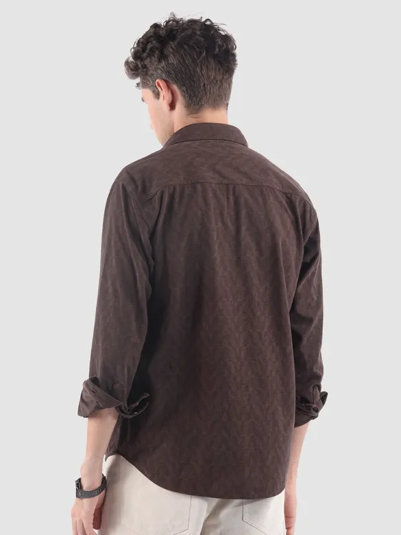Brown Lazer Cut Stripe Textured Corduroy Shirt
