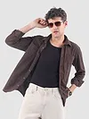 Brown Lazer Cut Stripe Textured Corduroy Shirt