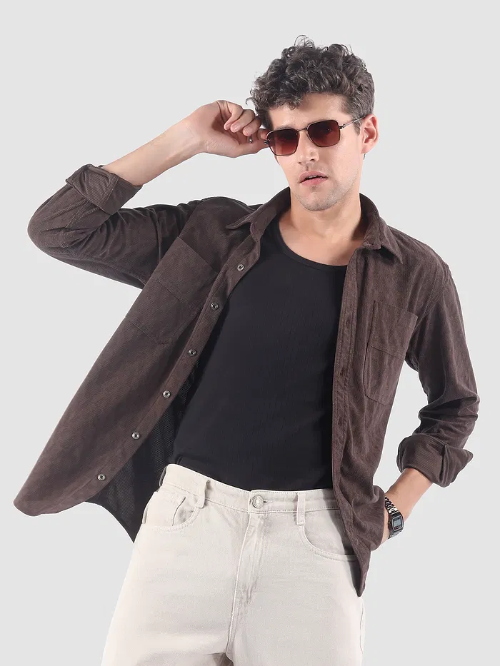 Brown Lazer Cut Stripe Textured Corduroy Shirt