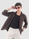 Brown Lazer Cut Stripe Textured Corduroy Shirt
