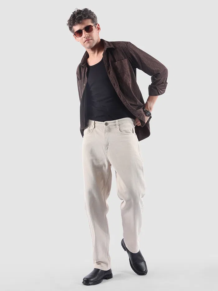 Brown Lazer Cut Stripe Textured Corduroy Shirt