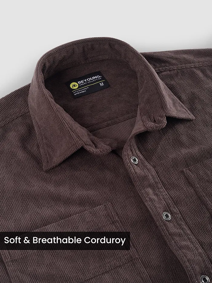 Brown Lazer Cut Stripe Textured Corduroy Shirt
