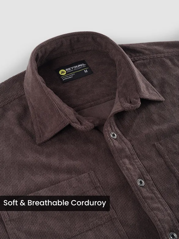 Brown Lazer Cut Stripe Textured Corduroy Shirt