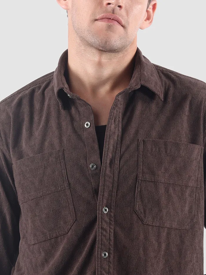Brown Lazer Cut Stripe Textured Corduroy Shirt
