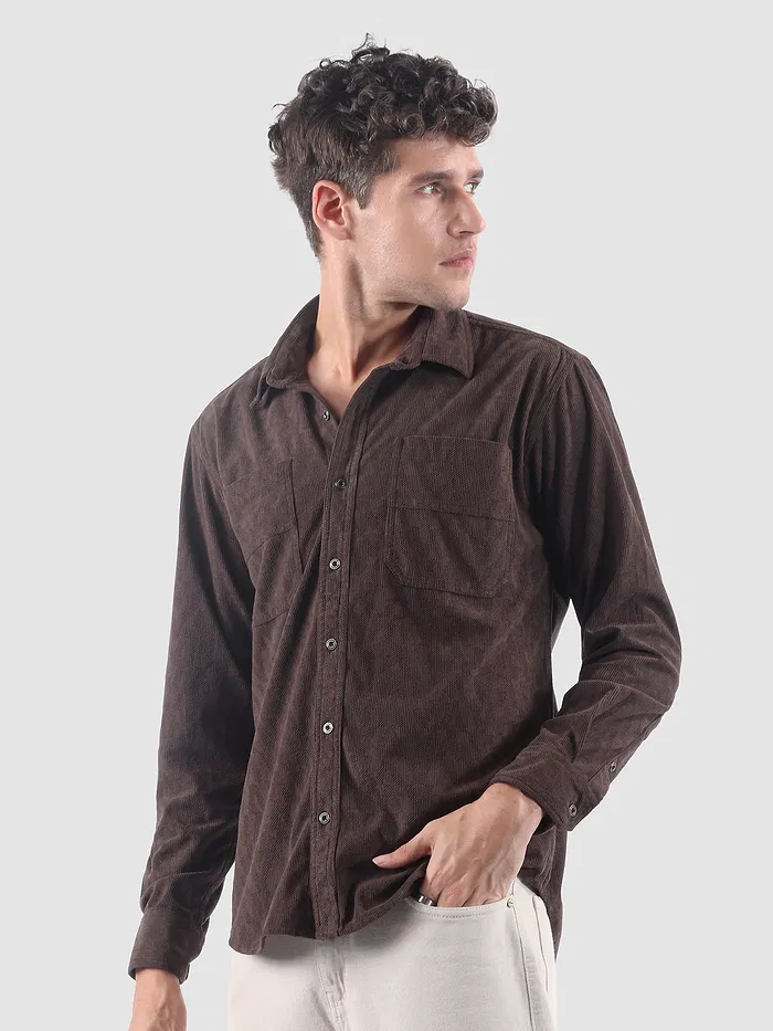 Brown Lazer Cut Stripe Textured Corduroy Shirt