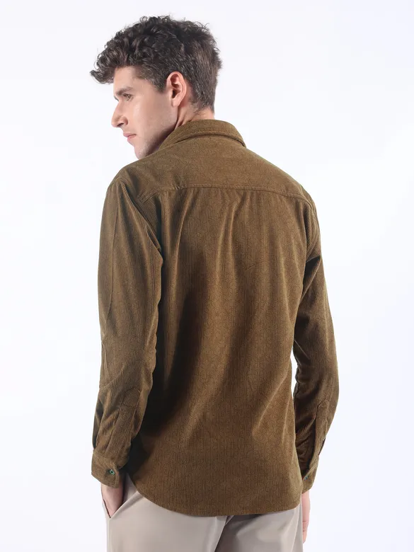 Caramel Brown Lazer Cut Floral Textured Corduroy Shirt
