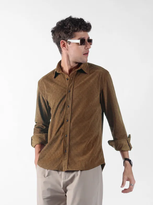 Caramel Brown Lazer Cut Floral Textured Corduroy Shirt