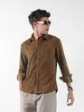 Caramel Brown Lazer Cut Floral Textured Corduroy Shirt