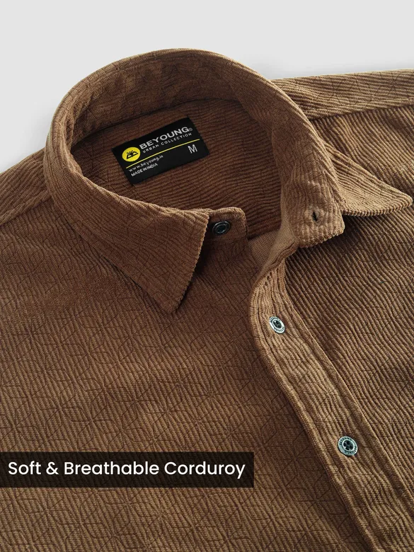 Caramel Brown Lazer Cut Floral Textured Corduroy Shirt