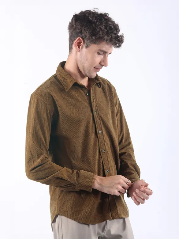 Caramel Brown Lazer Cut Floral Textured Corduroy Shirt