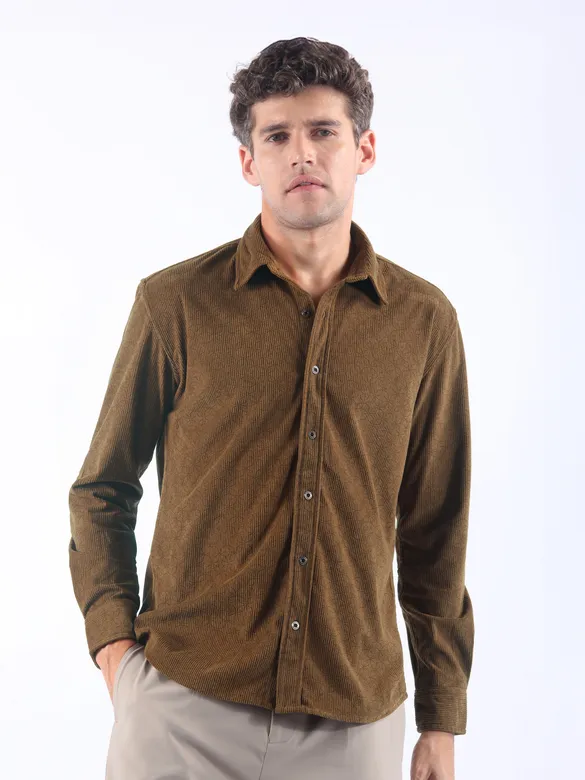 Caramel Brown Lazer Cut Floral Textured Corduroy Shirt