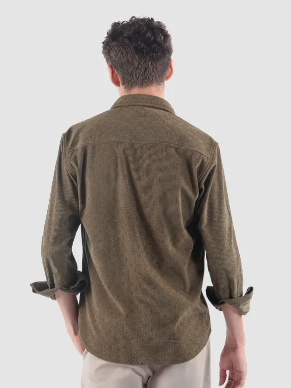 Coffee Brown Lazer Cut Floral Textured Corduroy Shirt
