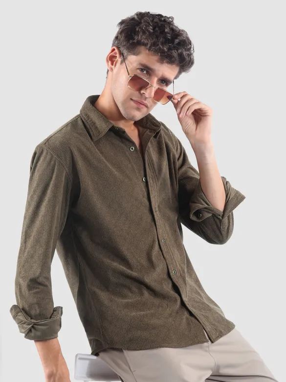 Coffee Brown Lazer Cut Floral Textured Corduroy Shirt