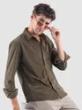 Coffee Brown Lazer Cut Floral Textured Corduroy Shirt