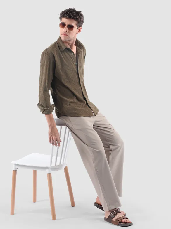 Coffee Brown Lazer Cut Floral Textured Corduroy Shirt