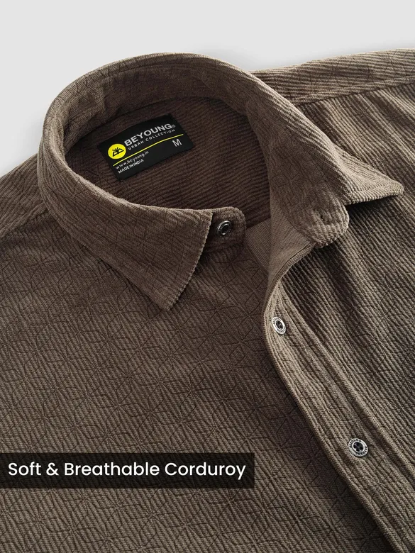 Coffee Brown Lazer Cut Floral Textured Corduroy Shirt