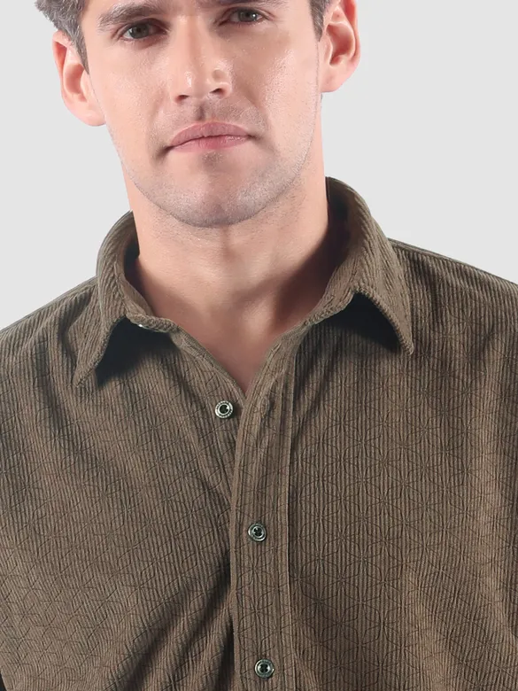 Coffee Brown Lazer Cut Floral Textured Corduroy Shirt