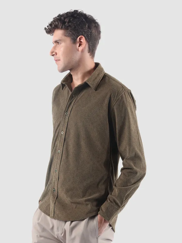 Coffee Brown Lazer Cut Floral Textured Corduroy Shirt