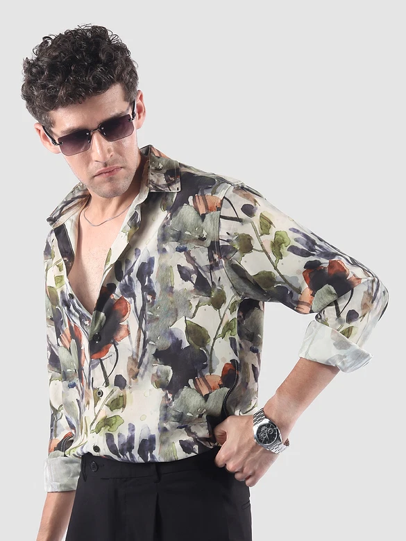Cream Abstract Tropical Print Shirt