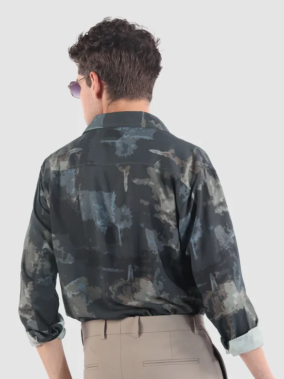 Dark Blue &amp; Grey Modern Abstract Printed Shirt