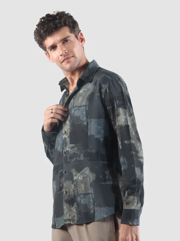Dark Blue &amp; Grey Modern Abstract Printed Shirt