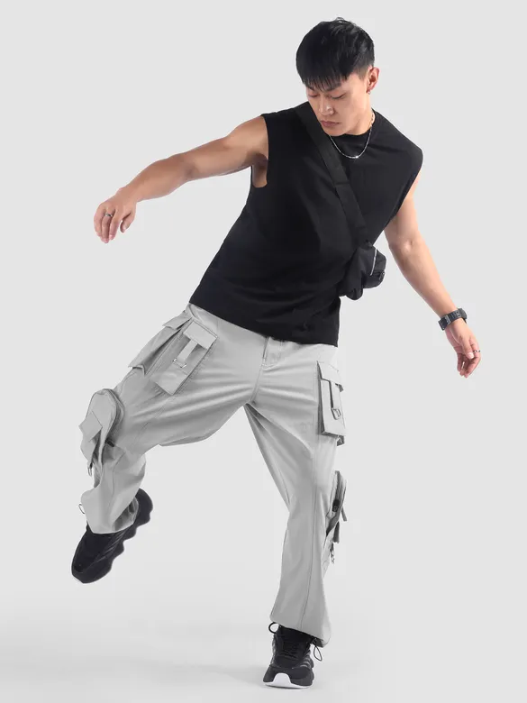 Light Grey 11 Pocket Buckle Cargo Pants