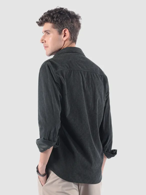 Dark Grey Lazer Cut Floral Textured Corduroy Shirt