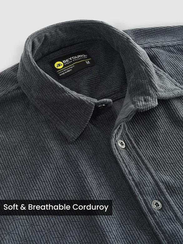 Dark Grey Lazer Cut Floral Textured Corduroy Shirt