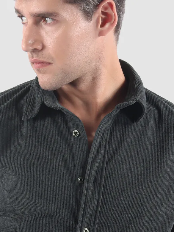 Dark Grey Lazer Cut Floral Textured Corduroy Shirt
