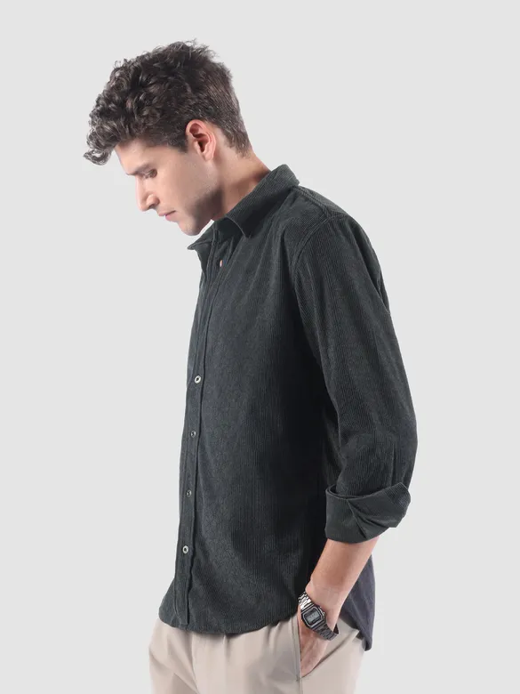 Dark Grey Lazer Cut Floral Textured Corduroy Shirt
