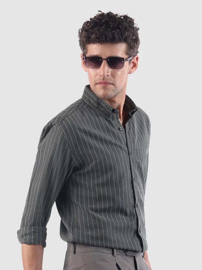 Dark Grey Stripe Button Down Collar Shirt