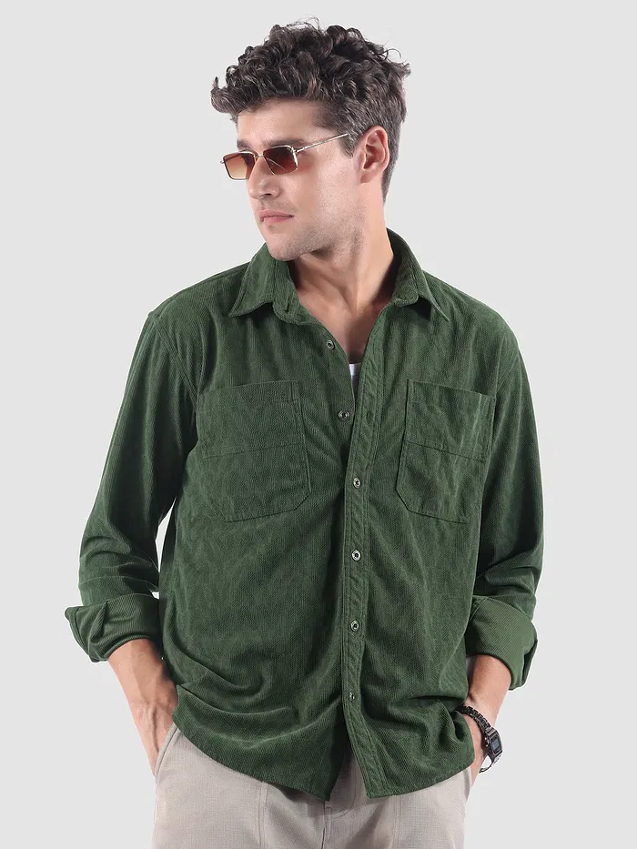 Dark Olive Lazer Cut Stripe Textured Corduroy Shirt