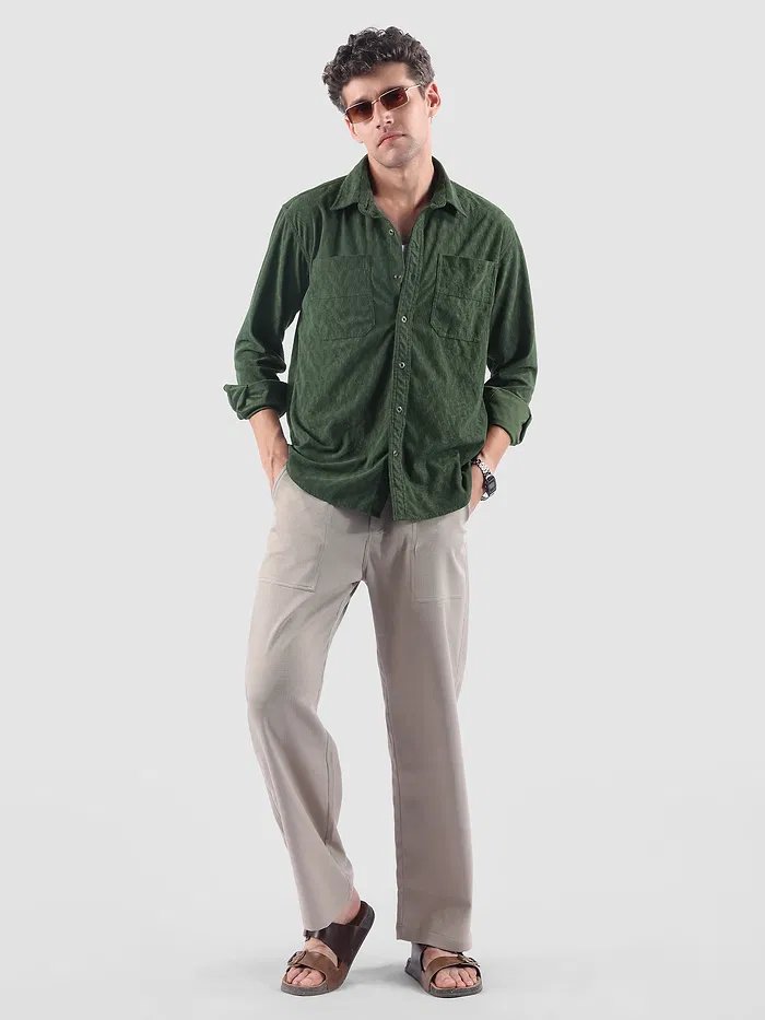Dark Olive Lazer Cut Stripe Textured Corduroy Shirt