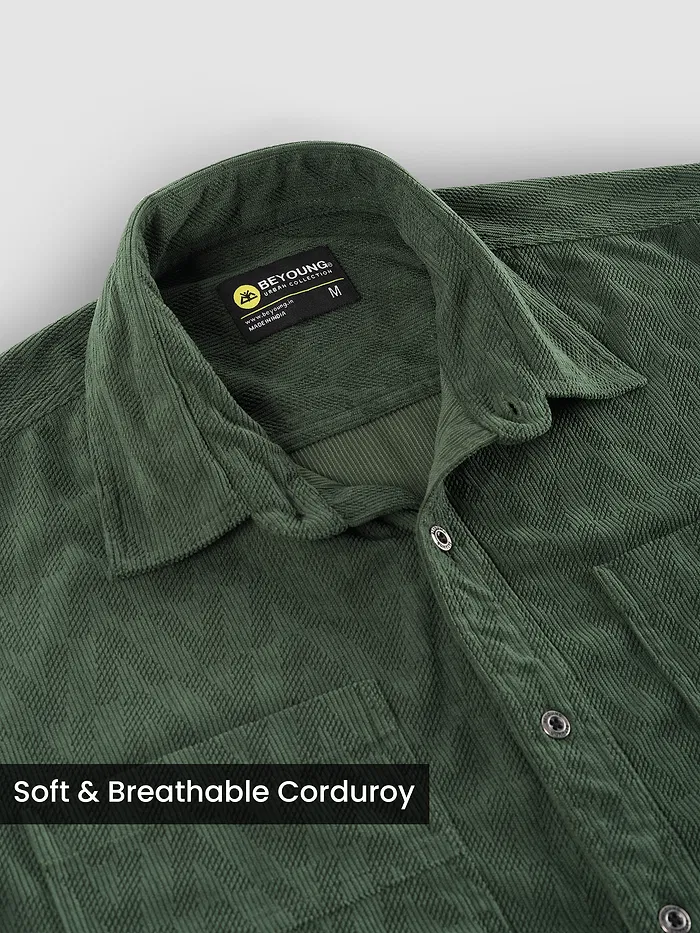 Dark Olive Lazer Cut Stripe Textured Corduroy Shirt
