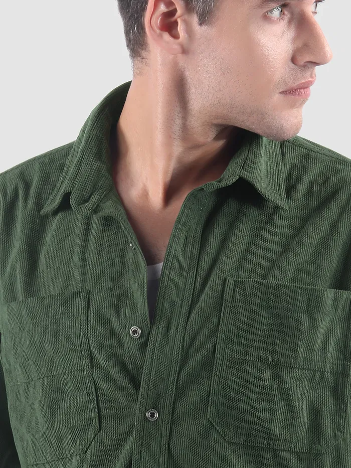 Dark Olive Lazer Cut Stripe Textured Corduroy Shirt