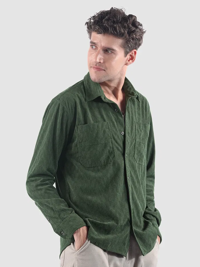 Dark Olive Lazer Cut Stripe Textured Corduroy Shirt
