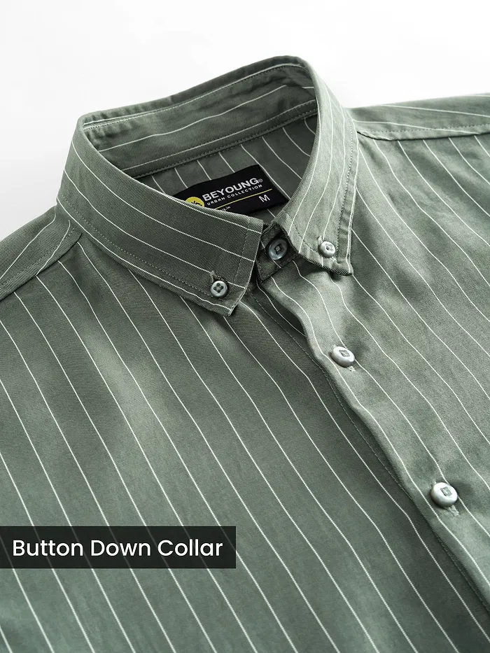Dark Sage Green Stripe Button Down Collar Shirt