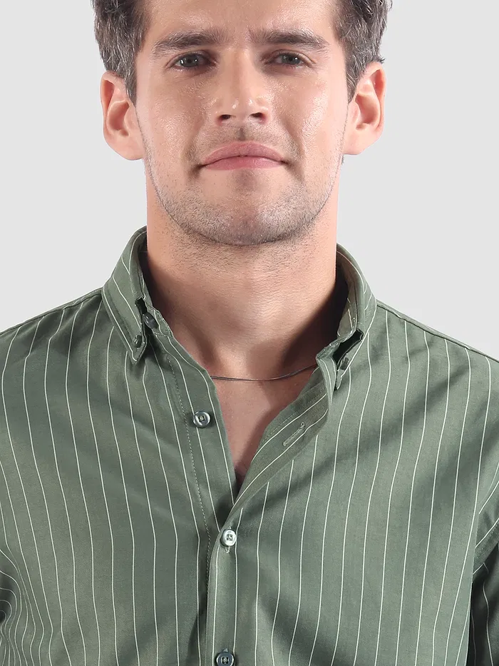 Dark Sage Green Stripe Button Down Collar Shirt
