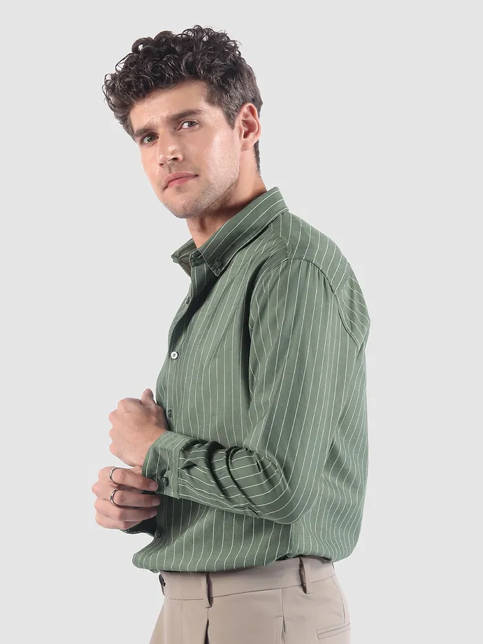 Dark Sage Green Stripe Button Down Collar Shirt