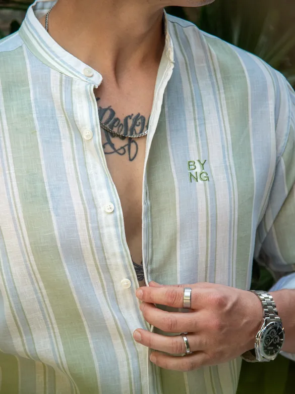 Green And Blue Stripe Mandarin Collar Shirt