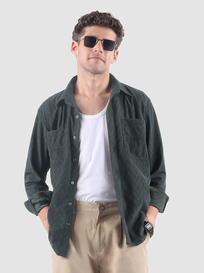 Grey Lazer Cut Stripe Textured Corduroy Shirt