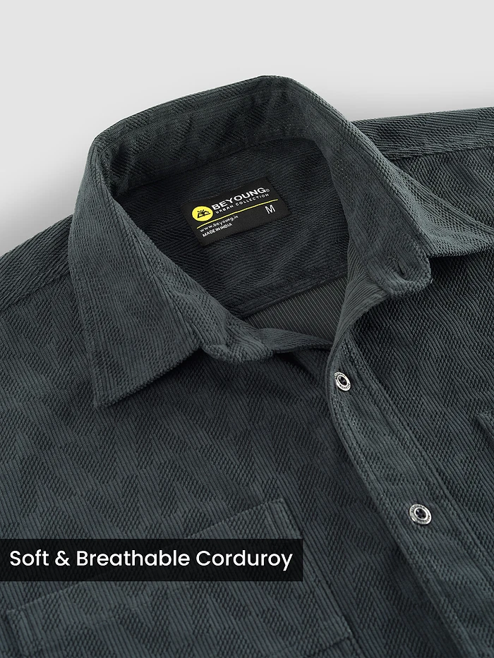 Grey Lazer Cut Stripe Textured Corduroy Shirt