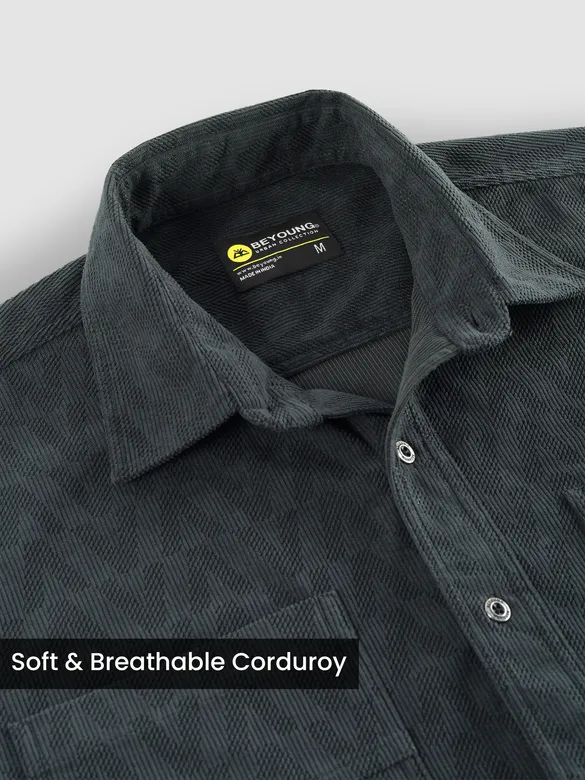 Grey Lazer Cut Stripe Textured Corduroy Shirt