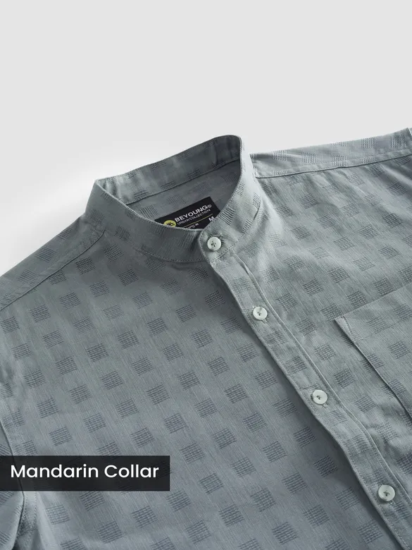 Grey Mandarin Collar Textured Shirt