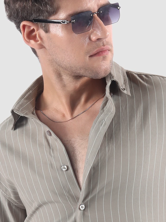 Khaki Stripe Button Down Collar Shirt