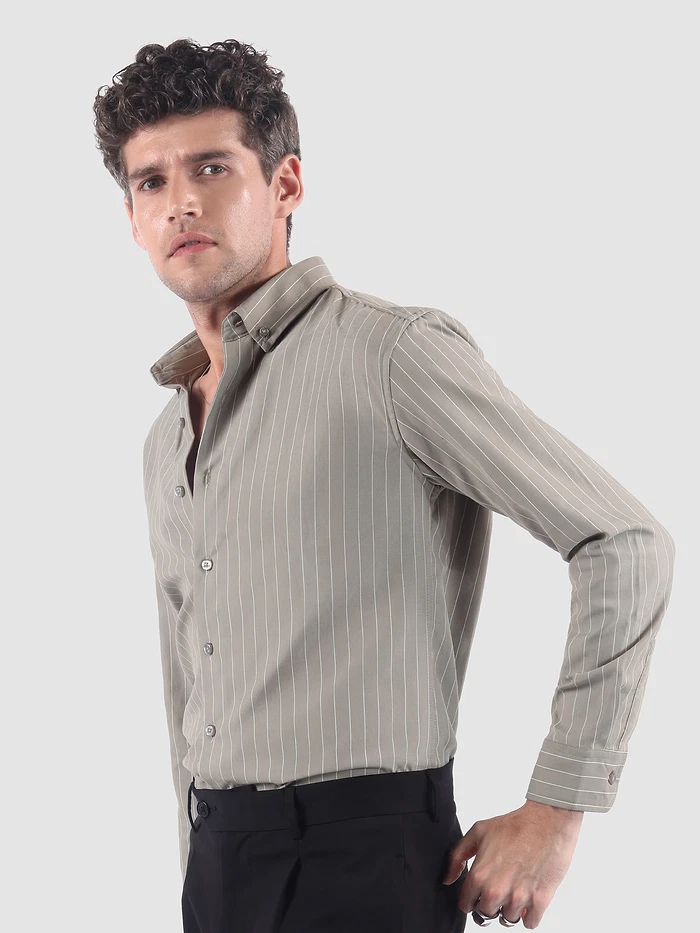 Khaki Stripe Button Down Collar Shirt
