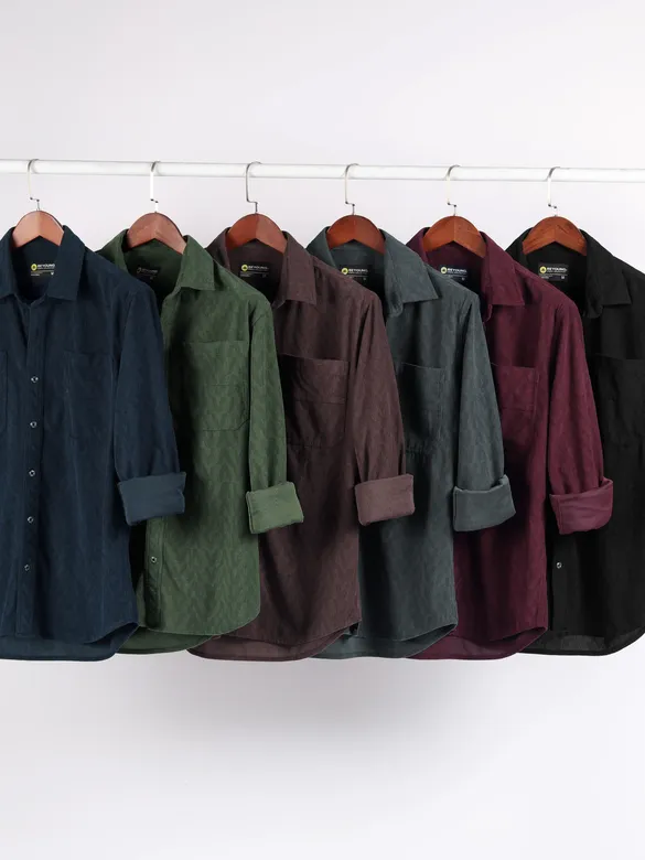 Black Lazer Cut Stripe Textured Corduroy Shirt